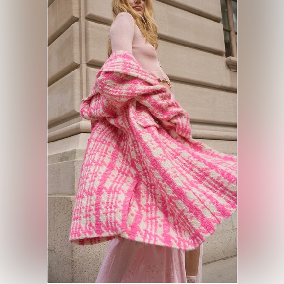 NWT LoveShackFancy Houndstooth Asryn Coat Majestic Pink XS - Picture 2 of 8